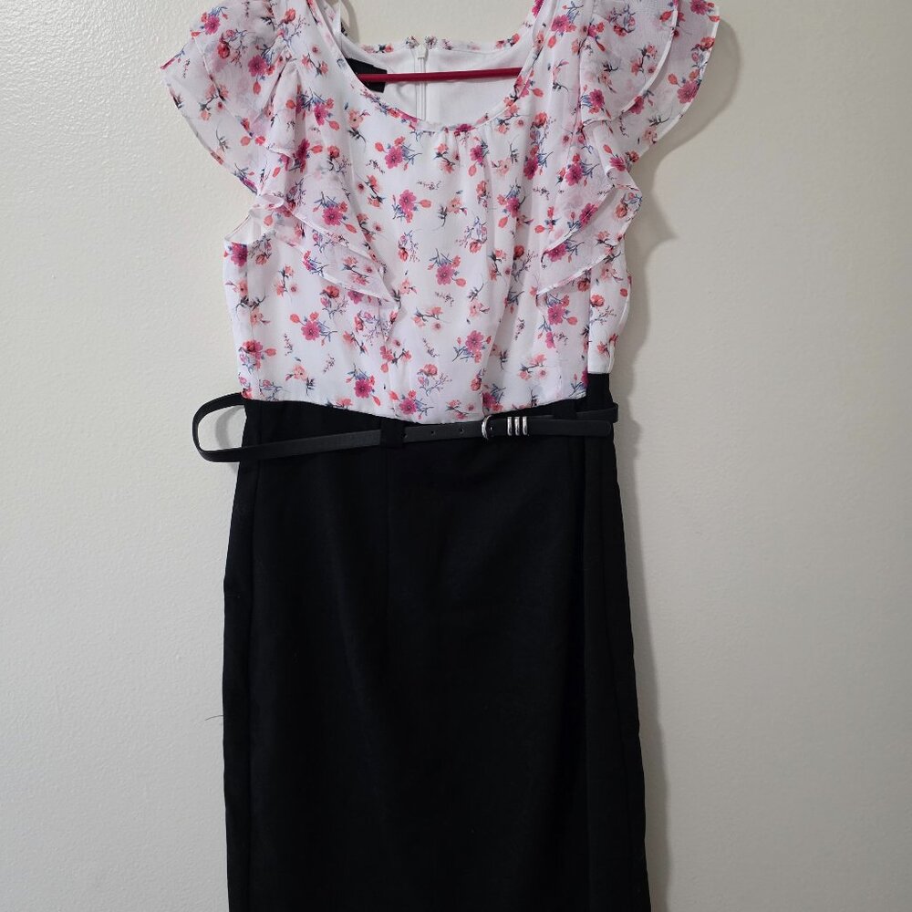 Belted colorblind black and floral dress